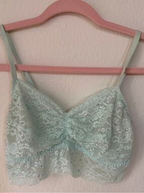 Y2K Victoria’s Secret PINK Lace Bralette Mint Green Rhinestone Sheer Cami Top M